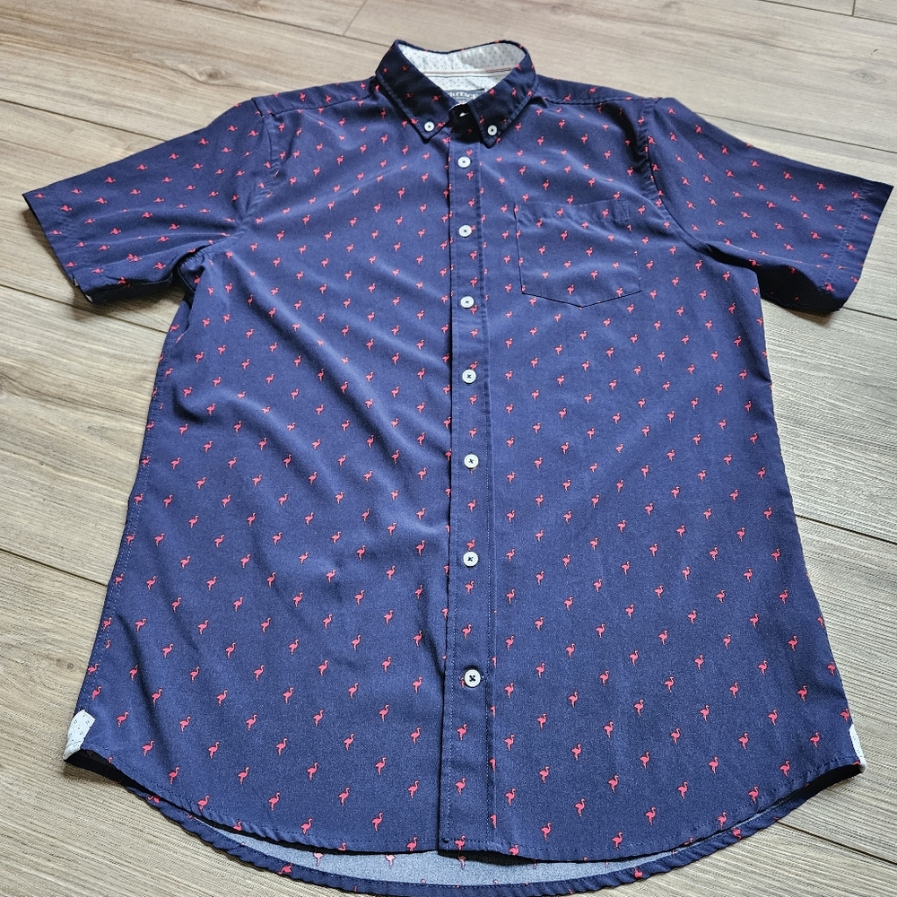 Size L/Tall Navy Red Flamingos Print Button Down by Report Collection Heritage